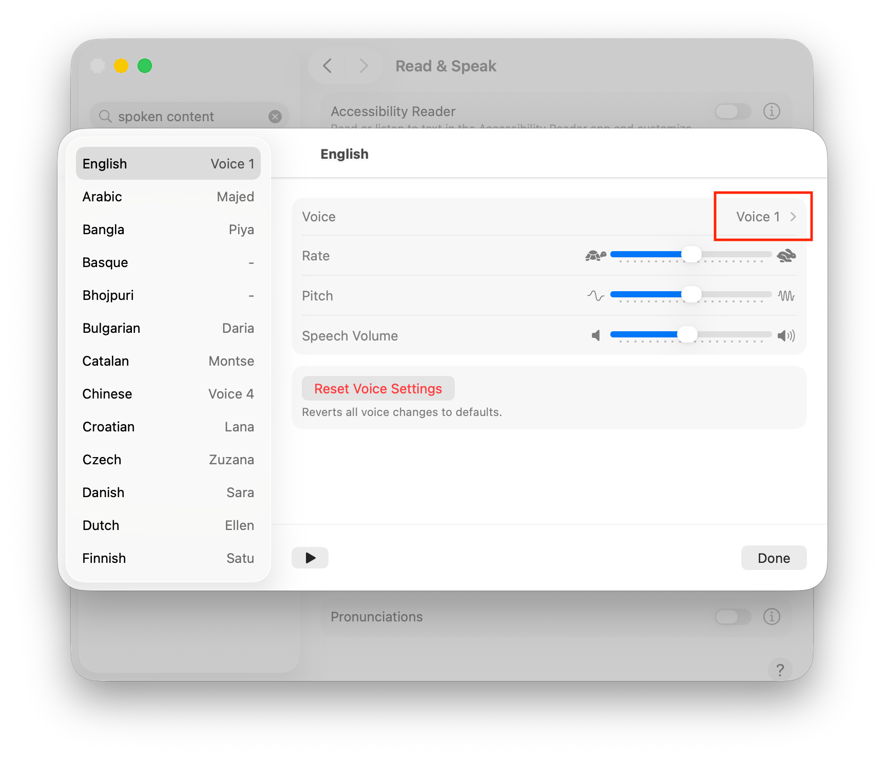 Voice selection panel showing language list and voice settings