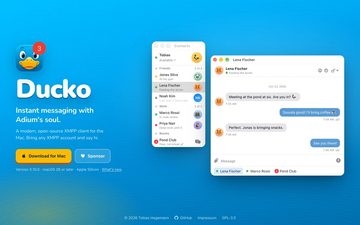 Ducko: the ducko.im landing page with the macOS contact list and chat window