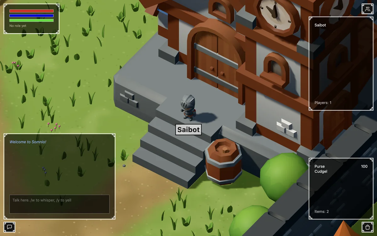 Somnio: Saibot standing on the steps of a timber-framed building in the 3D game world